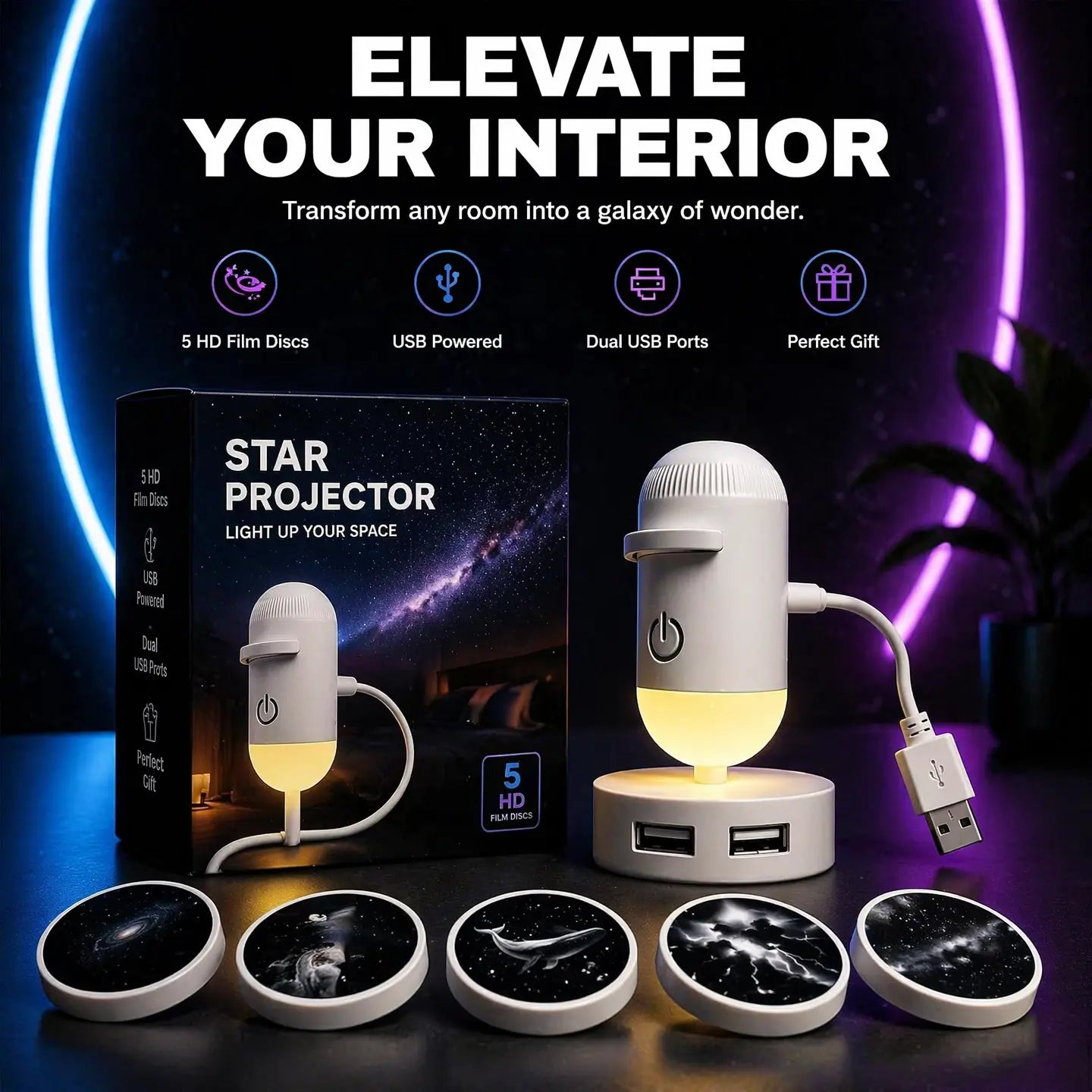 Galaxy Projector 2-In-1 Starry Sky Projector & Night Light USB Galaxy Projector Night Light for Car Ceiling Decor
