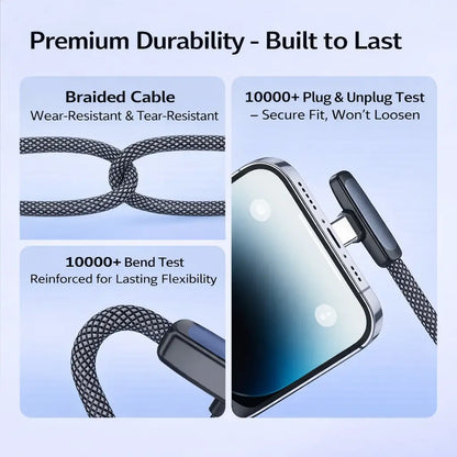 45W Right Angle USB-C to USB-C Cable, 90 Degree PD Fast Charging Braided Charger Cord for Iphone 17/16/15 Pro Max, Ipad, Macbook, Samsung and USB-C Devices, Supports up to 100W, No Hand Blocking Gaming Cable