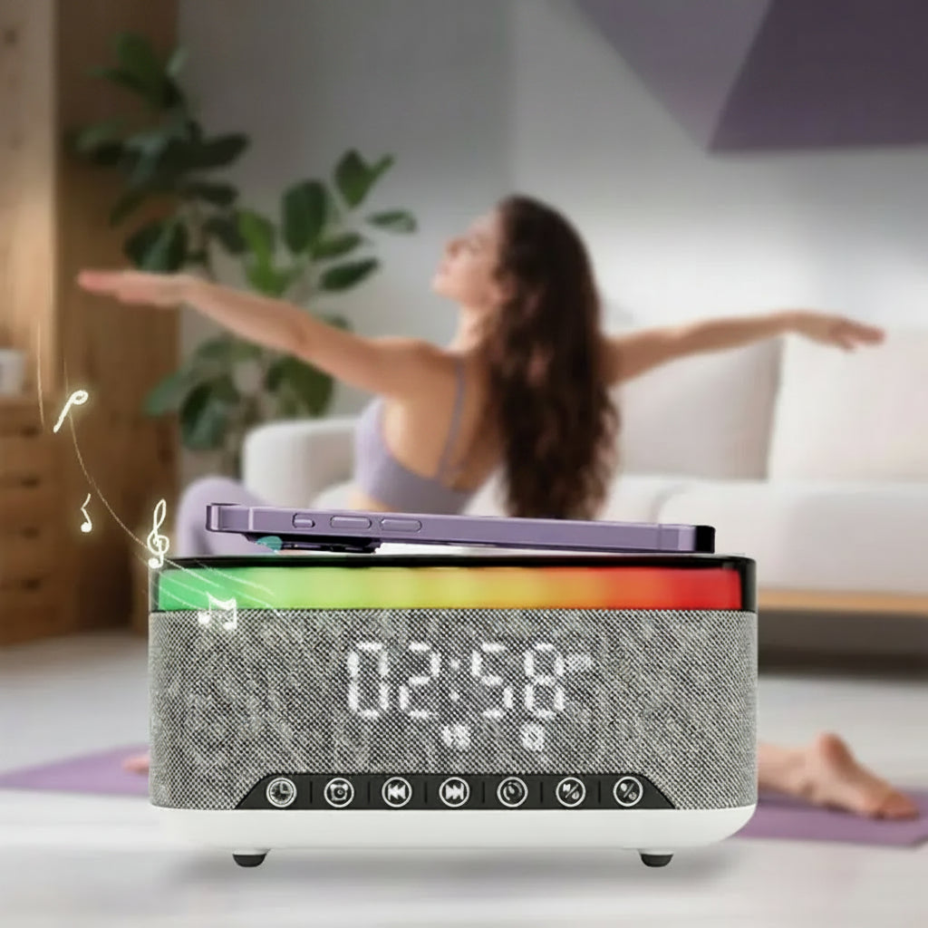 Wireless Speaker, 10W Bluetooth Speaker with 15W Wireless Charging, 13-Color Night Light, Alarm, White Noise, FM Radio, Portable, Stereo, TWS, BT5.3, for Home, Office & Bedroom (White)