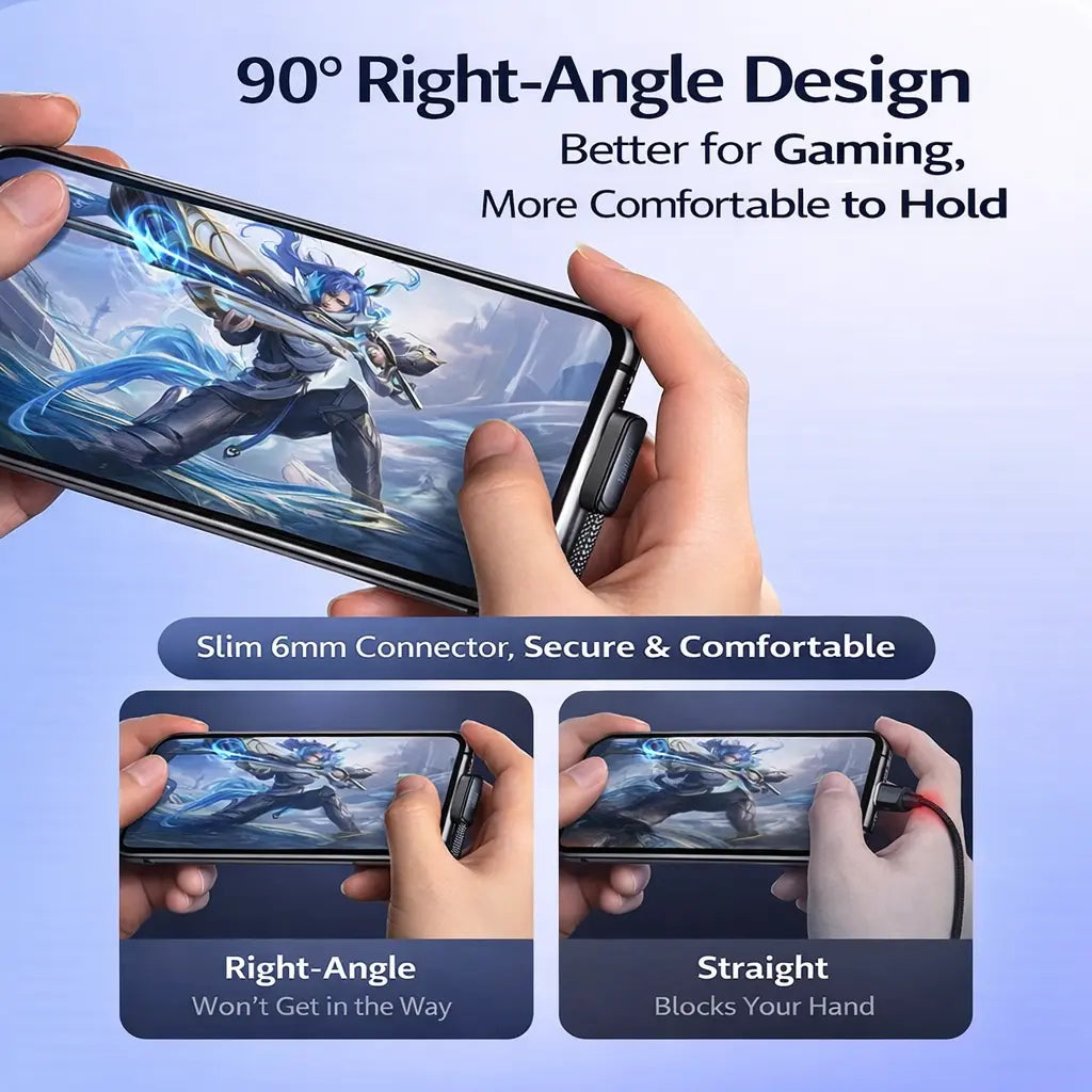 45W Right Angle USB-C to USB-C Cable, 90 Degree PD Fast Charging Braided Charger Cord for Iphone 17/16/15 Pro Max, Ipad, Macbook, Samsung and USB-C Devices, Supports up to 100W, No Hand Blocking Gaming Cable