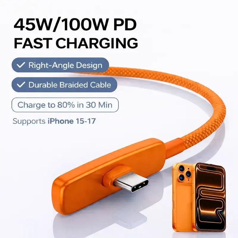 45W Right Angle USB-C to USB-C Cable, 90 Degree PD Fast Charging Braided Charger Cord for Iphone 17/16/15 Pro Max, Ipad, Macbook, Samsung and USB-C Devices, Supports up to 100W, No Hand Blocking Gaming Cable
